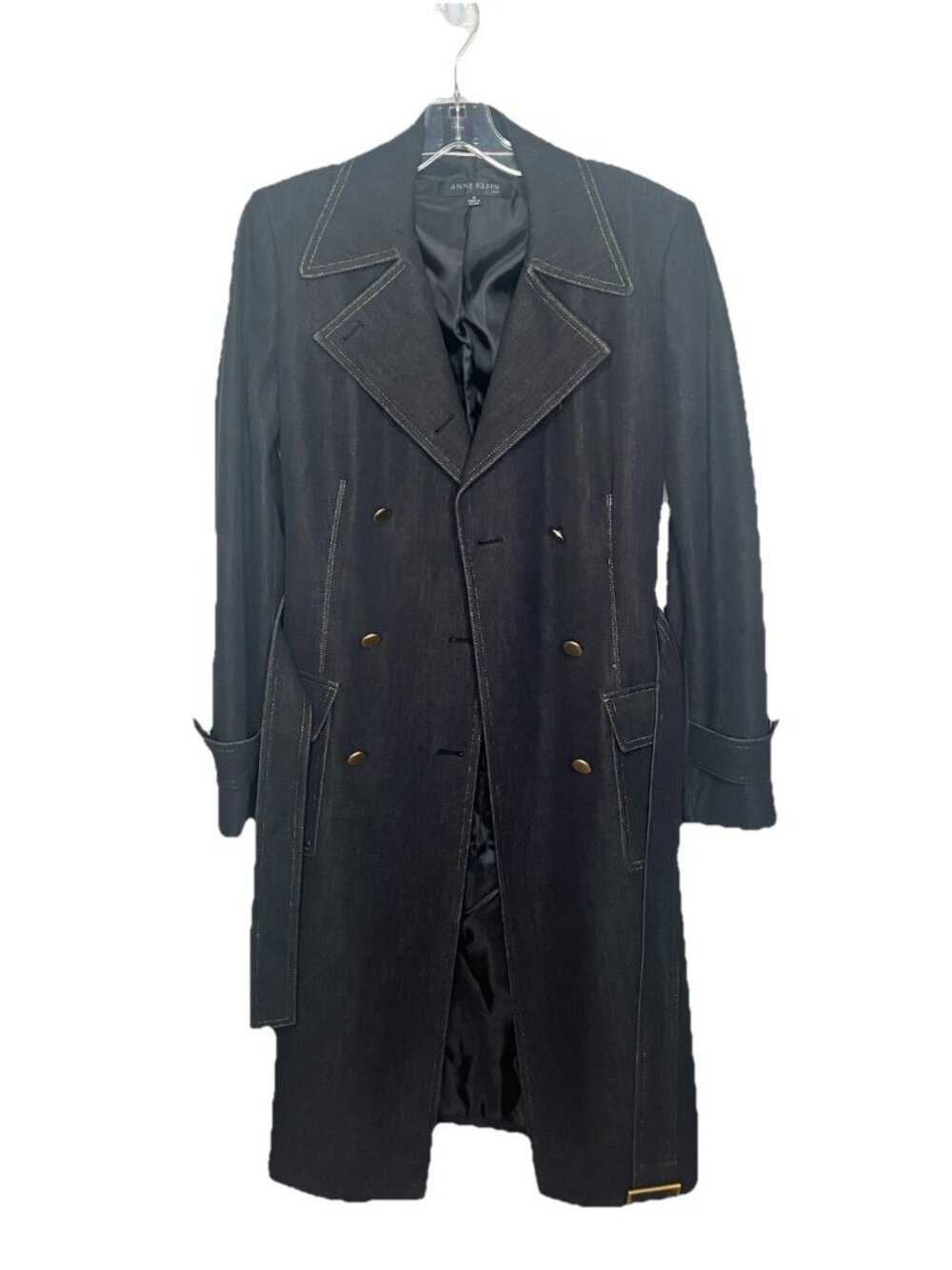Anne Klein Black Double Breasted Trench Coat Belted Contrast Stitch 4 Old Money